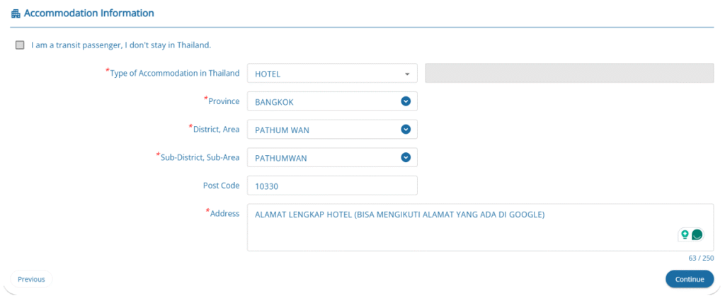 Halaman 3: Informasi Tempat Tinggal Thailand Digital Arrival Card