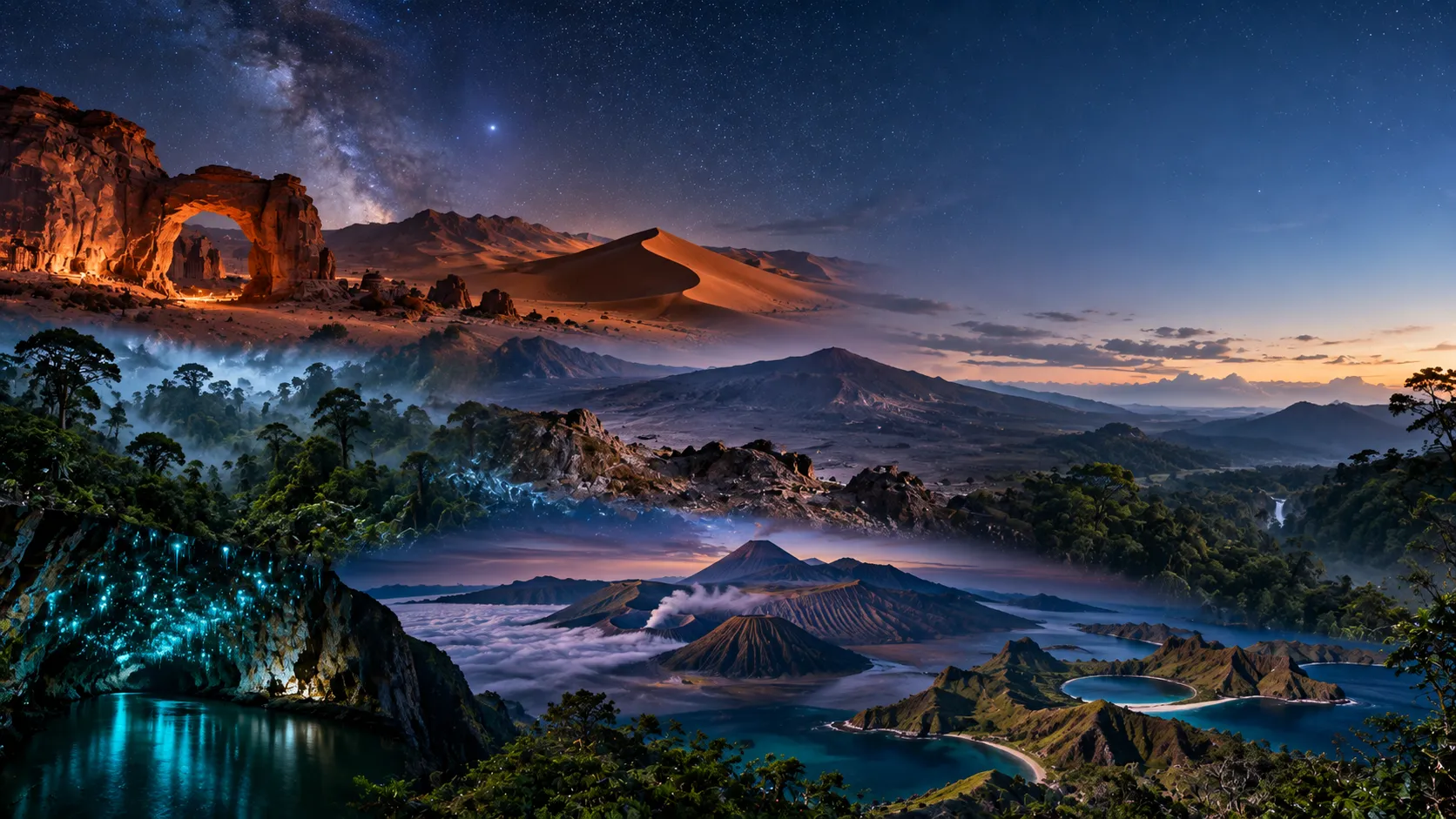 Panorama wisata malam dunia yang menampilkan Wadi Rum, Gurun Namib, hutan awan Monteverde, gua glowworm Waitomo, kawah Haleakalā, Kepulauan Komodo, Gunung Bromo, dan Taman Nasional Khao Yai di bawah langit penuh bintang.