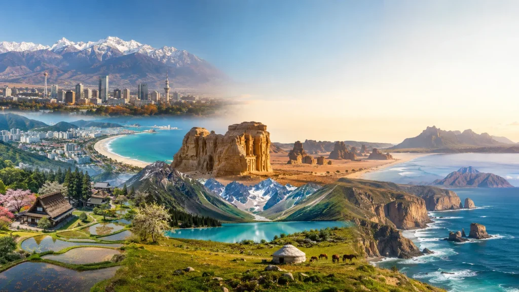 Panorama destinasi wisata dunia menampilkan pegunungan bersalju Almaty, pantai tropis Da Nang, gurun batu AlUla, pedesaan Jepang Tohoku, danau alpine Kyrgyzstan, serta pesisir Tasmania dalam satu lanskap sinematik.