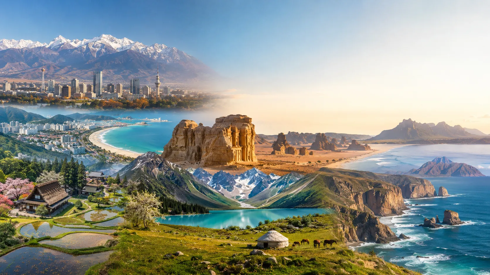 Panorama destinasi wisata dunia menampilkan pegunungan bersalju Almaty, pantai tropis Da Nang, gurun batu AlUla, pedesaan Jepang Tohoku, danau alpine Kyrgyzstan, serta pesisir Tasmania dalam satu lanskap sinematik.